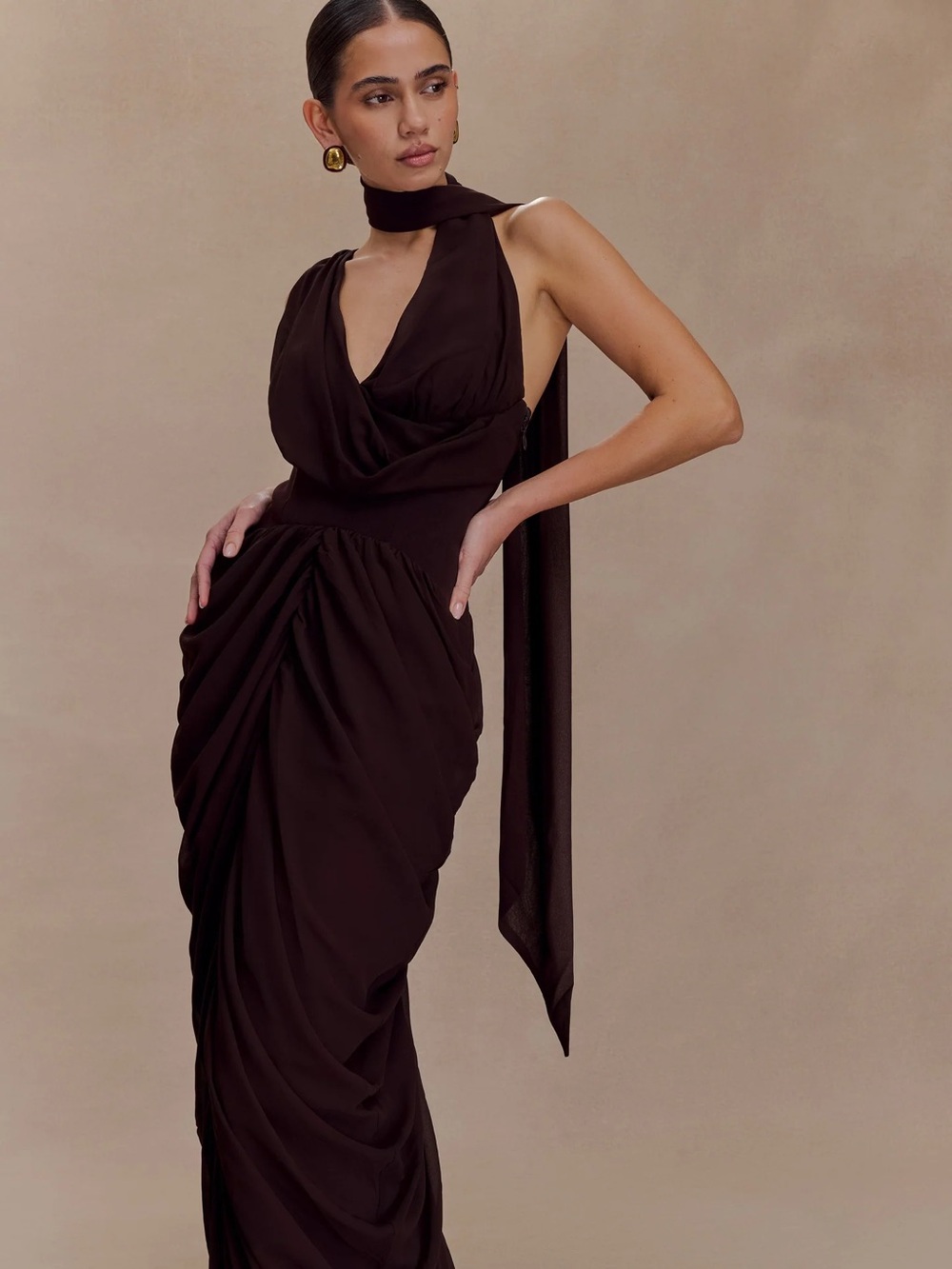 Meshki Alex Chiffon Maxi Dress in Cacao Brown - Picture 4 of 7